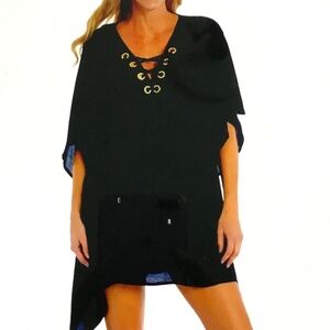 LA BLANCA Swim Cover Up Caftan Capri Lace-Up with Grommet Detail Navy Size Large